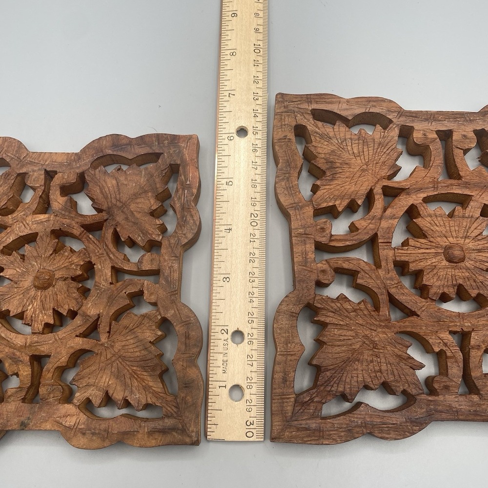 Vintage Hand Carved Wooden Trivets Hot Plates INDIA 3pcs 2 Large 1 Smaller - Picture 8 of 8